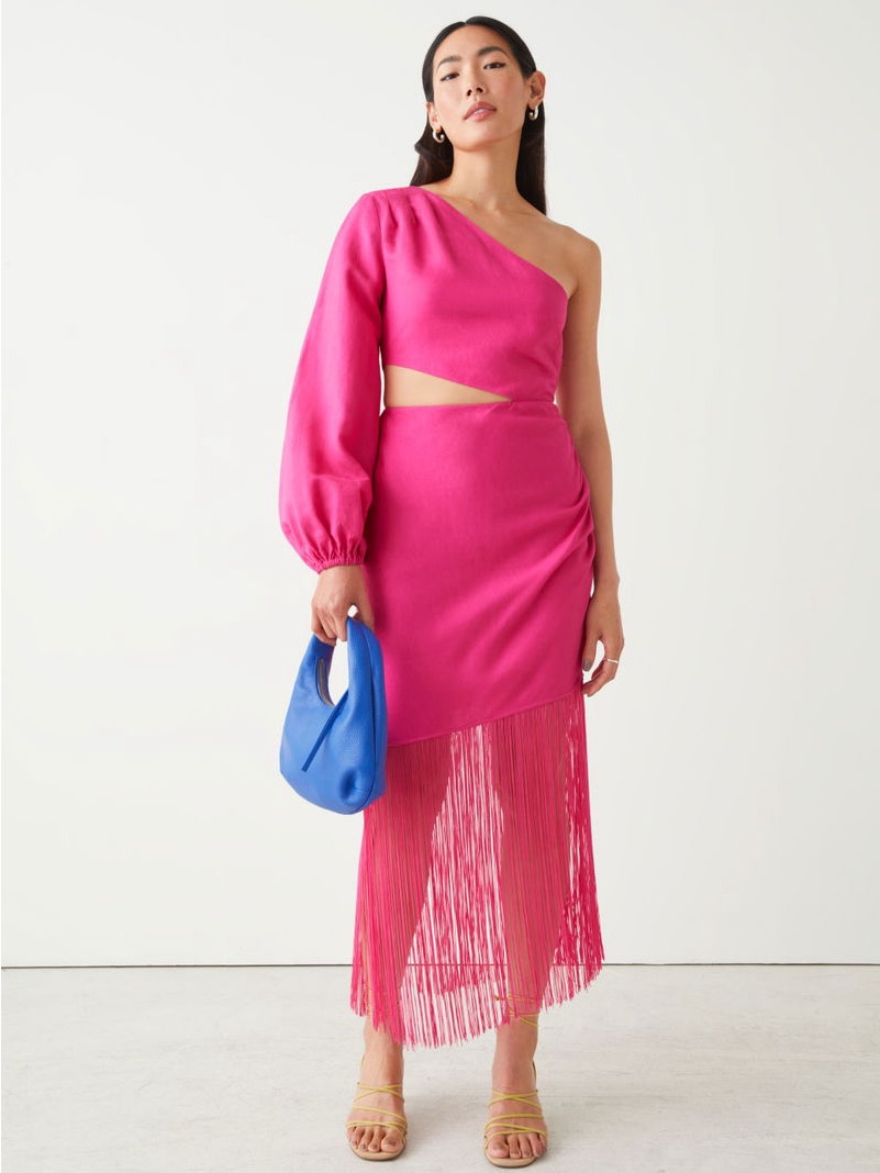 & Other Stories Fuchsia / Hot Pink One Shoulder Fringe Midi Dress Cutout Us 2